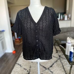 Madewell Eyelet Village Ruffle Short Sleeve Button Down Black Cotton Shirt